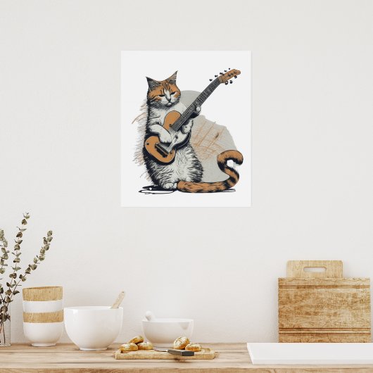 Cool Sinaasappel Cat Jamming op de gitaar Poster (Keuken)