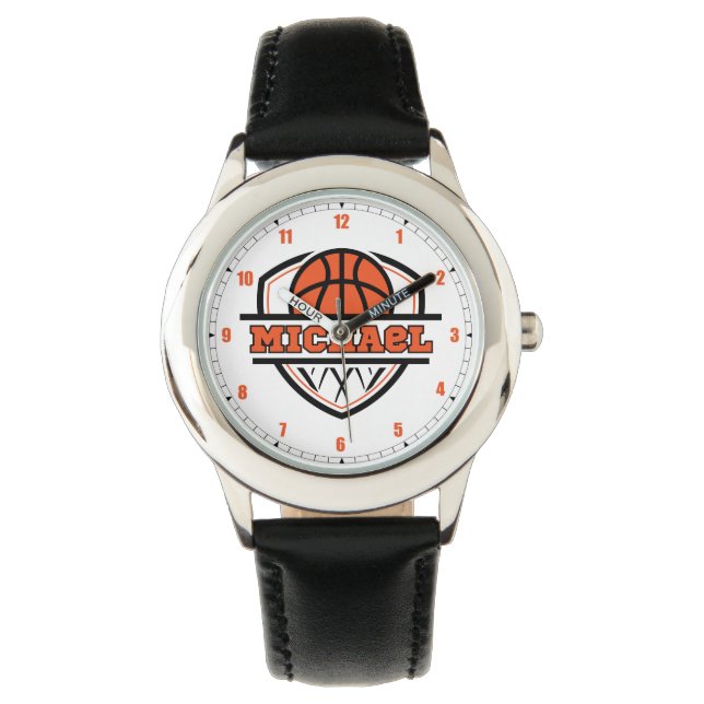 Cool Sinaasappel zwart basketbal sporthorloge Horloge (Voorkant)