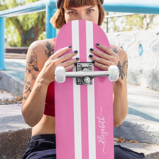 Cool Skater Girl Pink White Racing Stripes Persoonlijk Skateboard