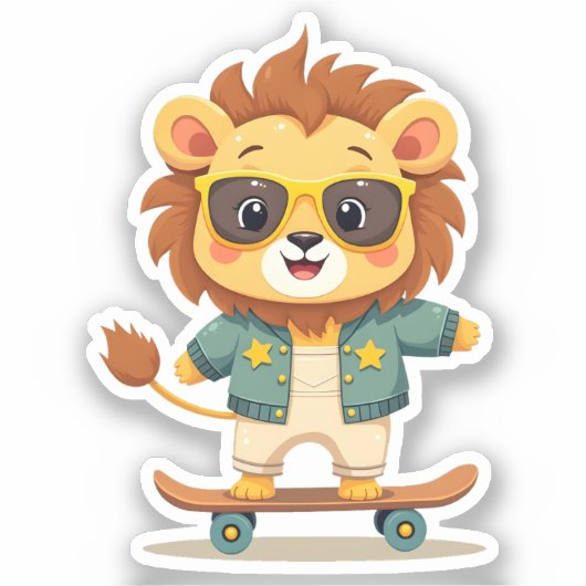Cool Skater Lion | Schattige Kawaii Safari Animal Sticker (Voorkant)