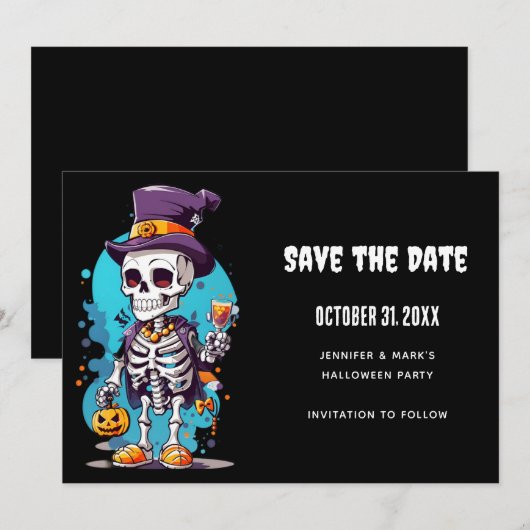 Cool Skelet in een Top Hat Halloween Save The Date (Voorkant / Achterkant)