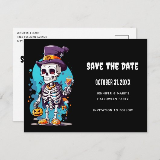 Cool Skelet in een Top Hat Halloween Save the Date Uitnodiging Briefkaart (Voorkant / Achterkant)