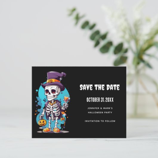 Cool Skelet in een Top Hat Halloween Save the Date Uitnodiging Briefkaart (Staand voorkant)