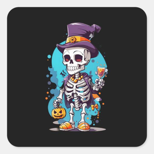 Cool Skelet in een Top Hat Halloween Vierkante Sticker (Voorkant)