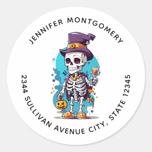 Cool Skelet in een Top Hoed Halloween Adres Ronde Sticker (Voorkant)