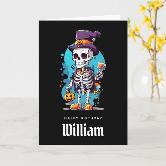 Cool Skelet in een Top Hoed Halloween Verjaardag Kaart (Gele Bloem)