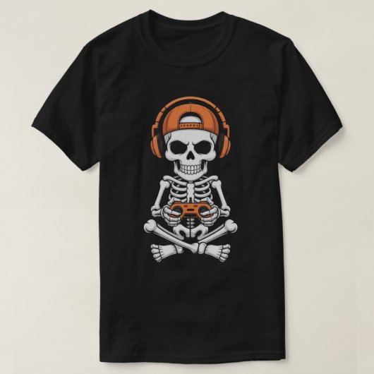 Cool skeletgamer met headset en controller t-shirt (Design voorkant)