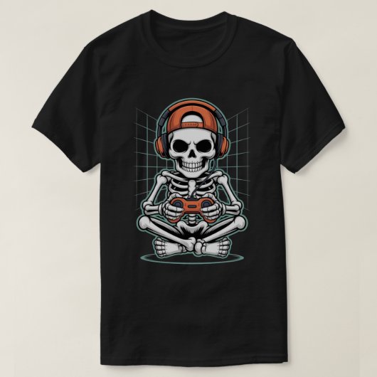 Cool skeletgamer met headset en controller t-shirt (Design voorkant)