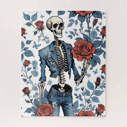 Cool Skeleton In Jean Jas Met Rode Rozen Legpuzzel (Verticaal)
