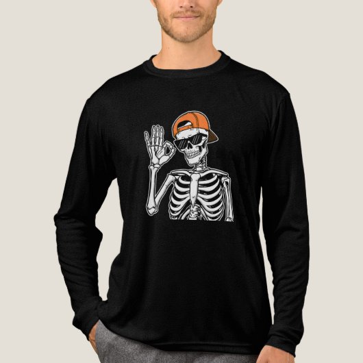 Cool Skeleton with Orange Cap | Hip-Hop Halloween Tri-Blend Shirt (Voorkant volledig)