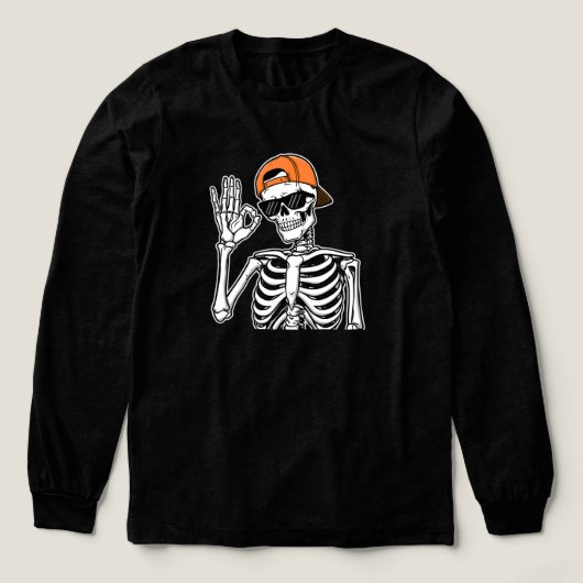 Cool Skeleton with Orange Cap | Hip-Hop Halloween Tri-Blend Shirt (Voorkant)