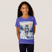 Cool Skiën Skier Cat Kitten Fun Waterverf T-shirt (Voorkant volledig)