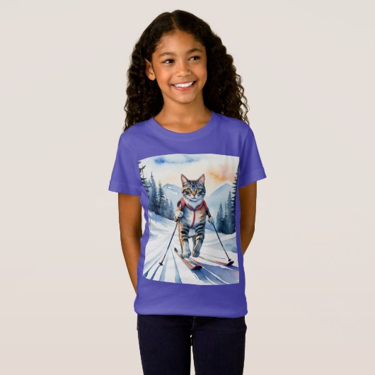 Cool Skiën Skier Cat Kitten Fun Waterverf T-shirt (Voorkant volledig)
