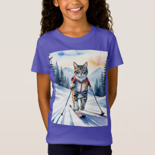 Cool Skiën Skier Cat Kitten Fun Waterverf T-shirt