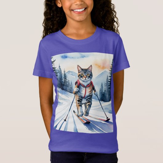Cool Skiën Skier Cat Kitten Fun Waterverf T-shirt (Voorkant)