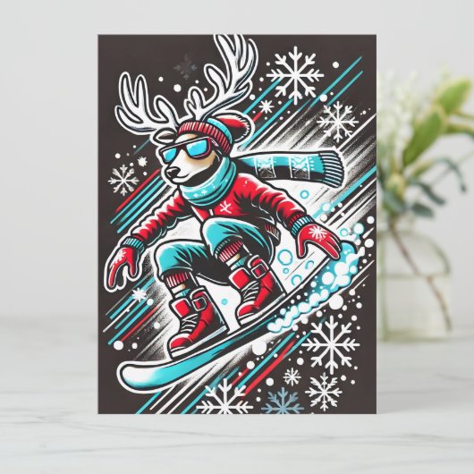 Cool Snowboarden Rendier Christmas Kaart voor jong (Staand voorkant)