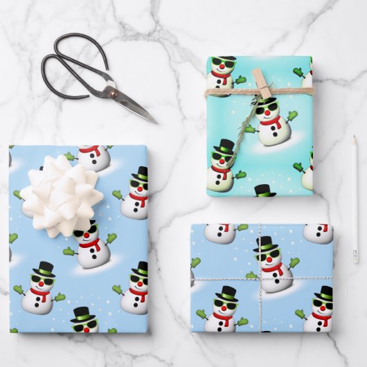 Cool Snowman Kerst Winter blauw patroon Inpakpapier Vel (Voorkant)