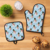 Cool Snowman Kerst Winter blauw patroon Ovenwant & Pannenlap Set (Top down)
