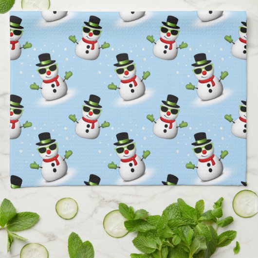 Cool Snowman Kerst Winter blauw patroon Theedoek (Gevouwen)