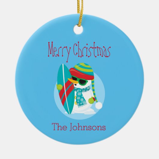 Cool Snowman KerstSurfer Keramisch Ornament (Voorkant)