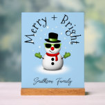 Cool Snowman Merry Bright Christmas Custom Family Acryl Bord<br><div class="desc">Cool Snowman Merry Christmas Winter Custom naam Holiday Party Supplies. Pas leuke unieke Holiday Home Decor aan. Illustratie van een koele sneeuwman met groene zonnebril en handschoenen,  rode sjaal en zwarte hoed op lichtblauw.</div>
