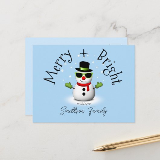 Cool Snowman Merry Bright Christmas Custom Family Briefkaart (Voorkant / Achterkant in situ)