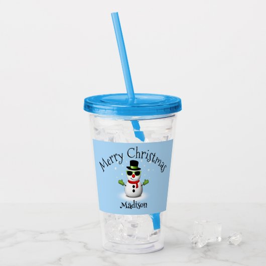 Cool Snowman Merry Christmas Custom Familienaam Acryl Drinkbeker (Voorkant ijs)