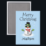 Cool Snowman Merry Christmas Winter Aangepaste naa Magneet<br><div class="desc">Cool Snowman Merry Christmas Winter Custom naam magneet. Pas het geschenk van schattig uniek kind aan. Illustratie van een koele sneeuwman met groene zonnebril en handschoenen,  rode sjaal en zwarte hoed op lichtblauw.</div>