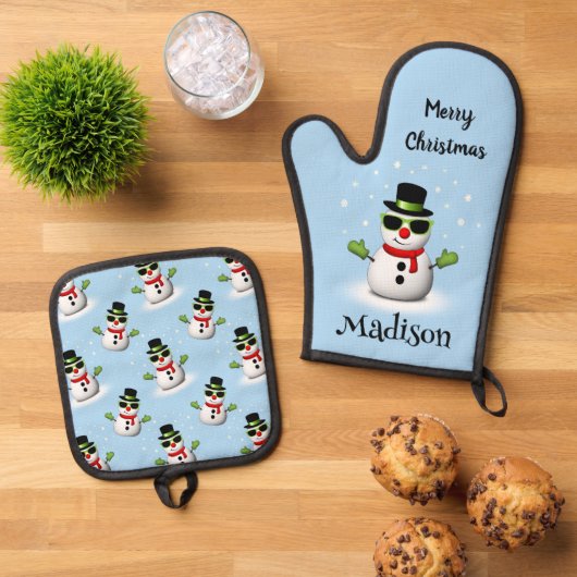 Cool Snowman Merry Christmas Winter Aangepaste naa Ovenwant & Pannenlap Set (Top down)