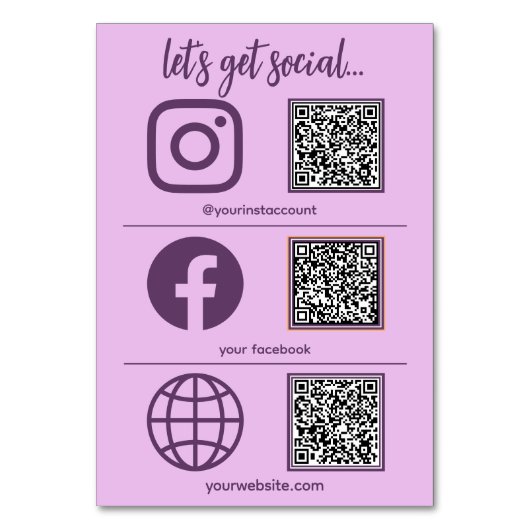 Cool Social Media Sign met QR Code Table Kaart (Voorkant)