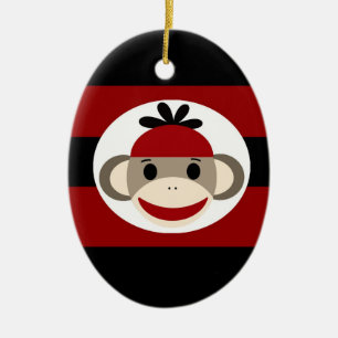 Cool Sock Monkey Beanie Pet Red Black Stripes Keramisch Ornament