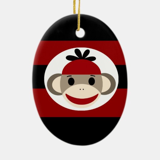Cool Sock Monkey Beanie Pet Red Black Stripes Keramisch Ornament (Achterkant)
