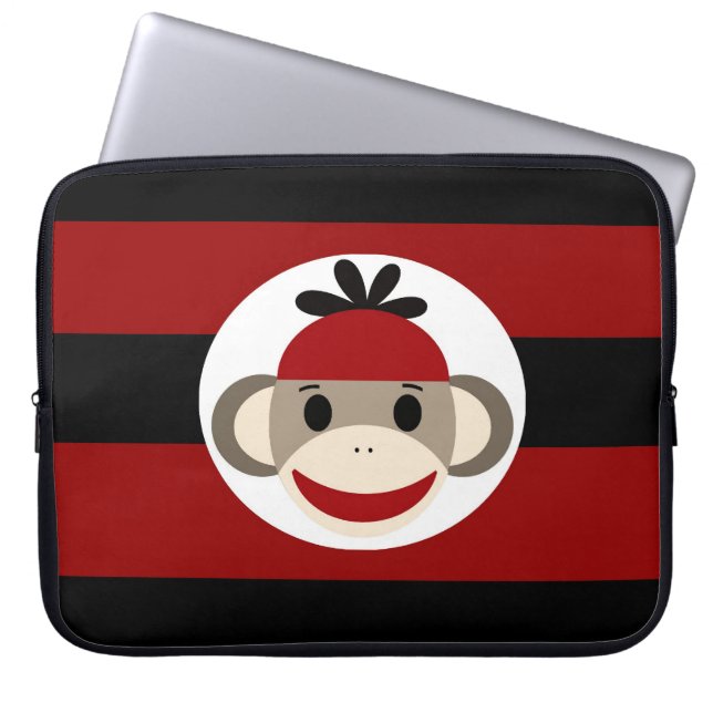 Cool Sock Monkey Beanie Pet Red Black Stripes Laptop Sleeve (Voorkant)
