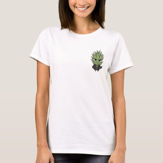 Cool Spiky Pineapple Character in Black Leather T-shirt (Voorkant)