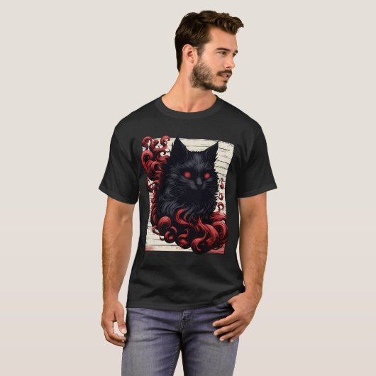 Cool Spooky Abstract Art Black Cat Demon T-shirt (Voorkant volledig)