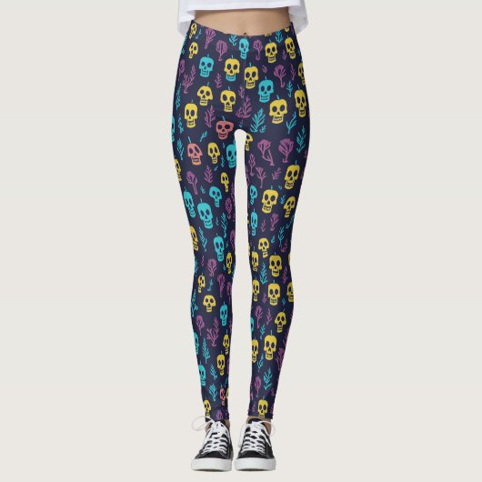 Cool Spooky Halloween Kleurrijke Schedel Patroon P Leggings (Voorkant)