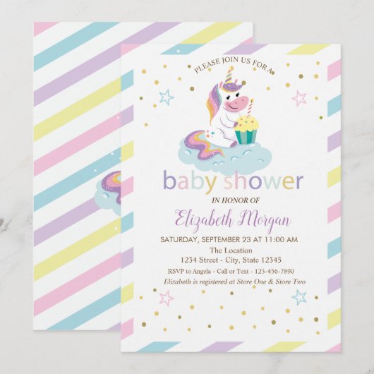 Cool Stars Unicorn Striped Baby shower Invitation Kaart (Voorkant / Achterkant)