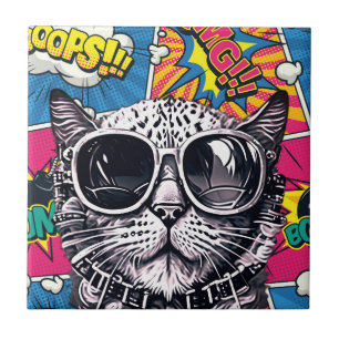 Cool Steampunk Kat met Zonnebril - Retro Comic Tegeltje