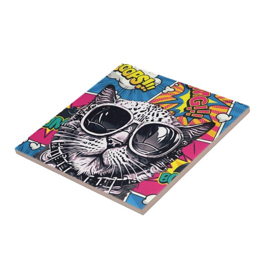 Cool Steampunk Kat met Zonnebril - Retro Comic Tegeltje (Zijkant)