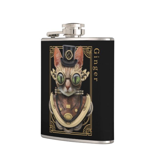 Cool Steampunk Oranje Tabby Cat met naam Heupfles (Links)