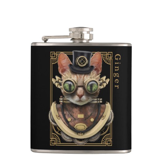 Cool Steampunk Oranje Tabby Cat met naam Heupfles (Voorkant)