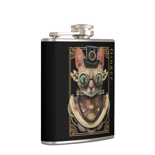 Cool Steampunk Oranje Tabby Cat met naam Heupfles (Rechts)