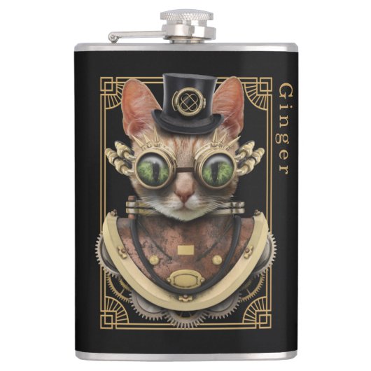 Cool Steampunk Oranje Tabby Cat met naam Heupfles (Voorkant)