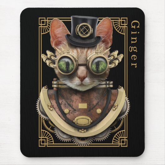 Cool Steampunk Oranje Tabby Cat met naam Muismat (Voorkant)