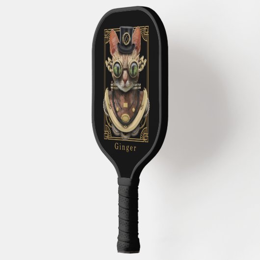 Cool Steampunk Oranje Tabby Cat met naam Pickleball Paddle (Links)