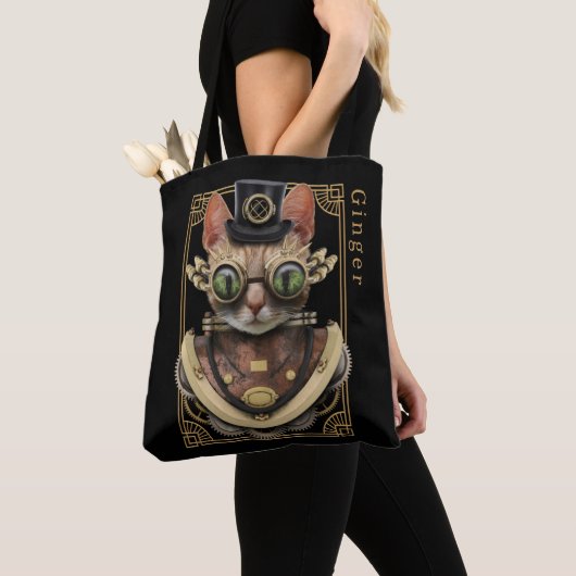 Cool Steampunk Oranje Tabby Cat met naam Tote Bag (Dichtbij)