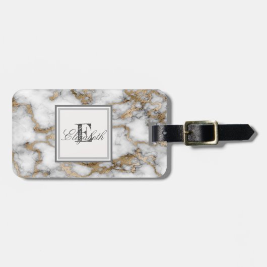 Cool Stone White Gold Marble Texture, Monogram Bagagelabel (Voorkant horizontaal)