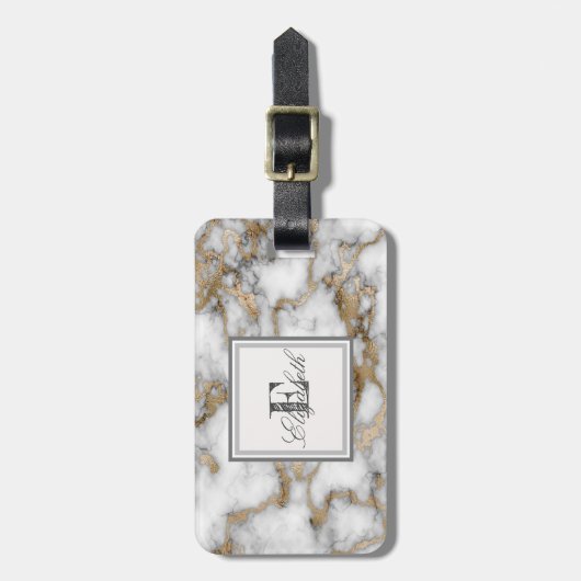 Cool Stone White Gold Marble Texture, Monogram Bagagelabel (Voorkant verticaal)