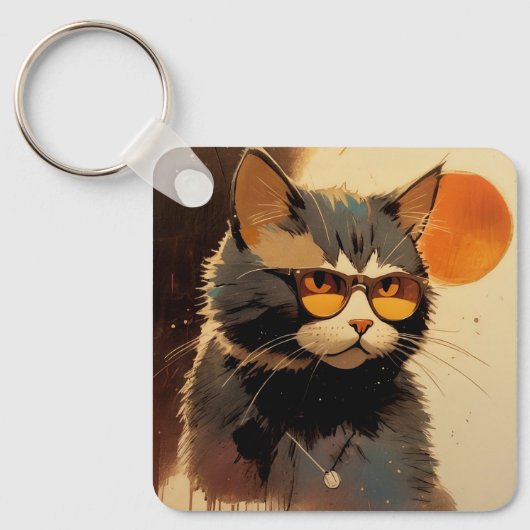 Cool Streetwear Graffiti Cat with Sunglasses Sleutelhanger (Voorkant)