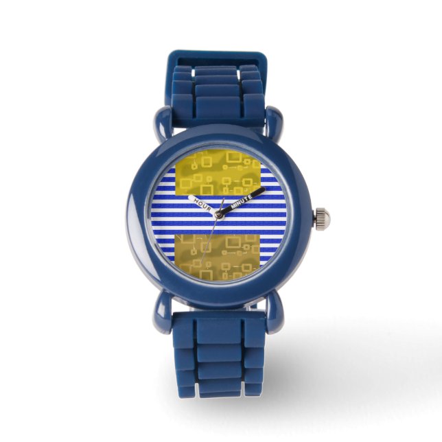 Cool Stripes Blauw Goud Geometrisch Horloge (Voorkant)